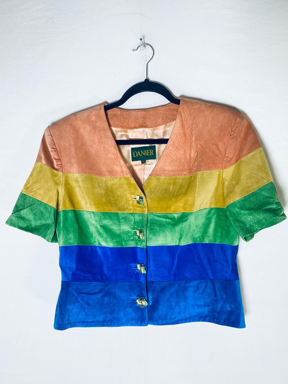 Vintage Y2K Danier Rainbow Stripe Suede Cropped Button Up Short Sleeve Jacket L